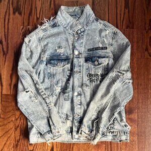 Zara Graffiti Denim Jacket “Love Thief” Size XL